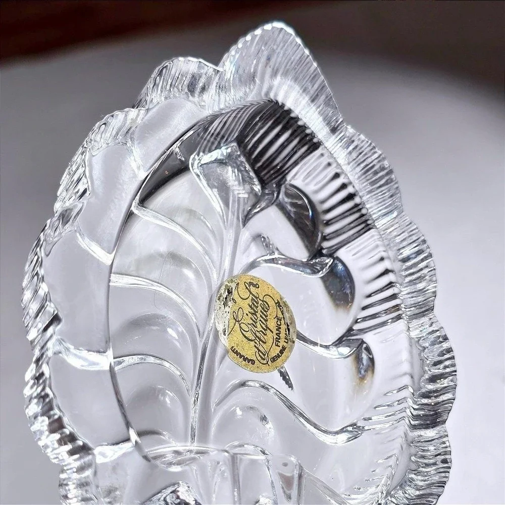 VTG 1990s Cristal d'Arques France Crystal‎ Leaf Dish Fougere Label Trinket Lead
